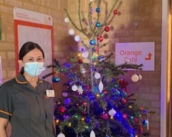 Jo Noguera by the hospice Christmas tree (cropped)