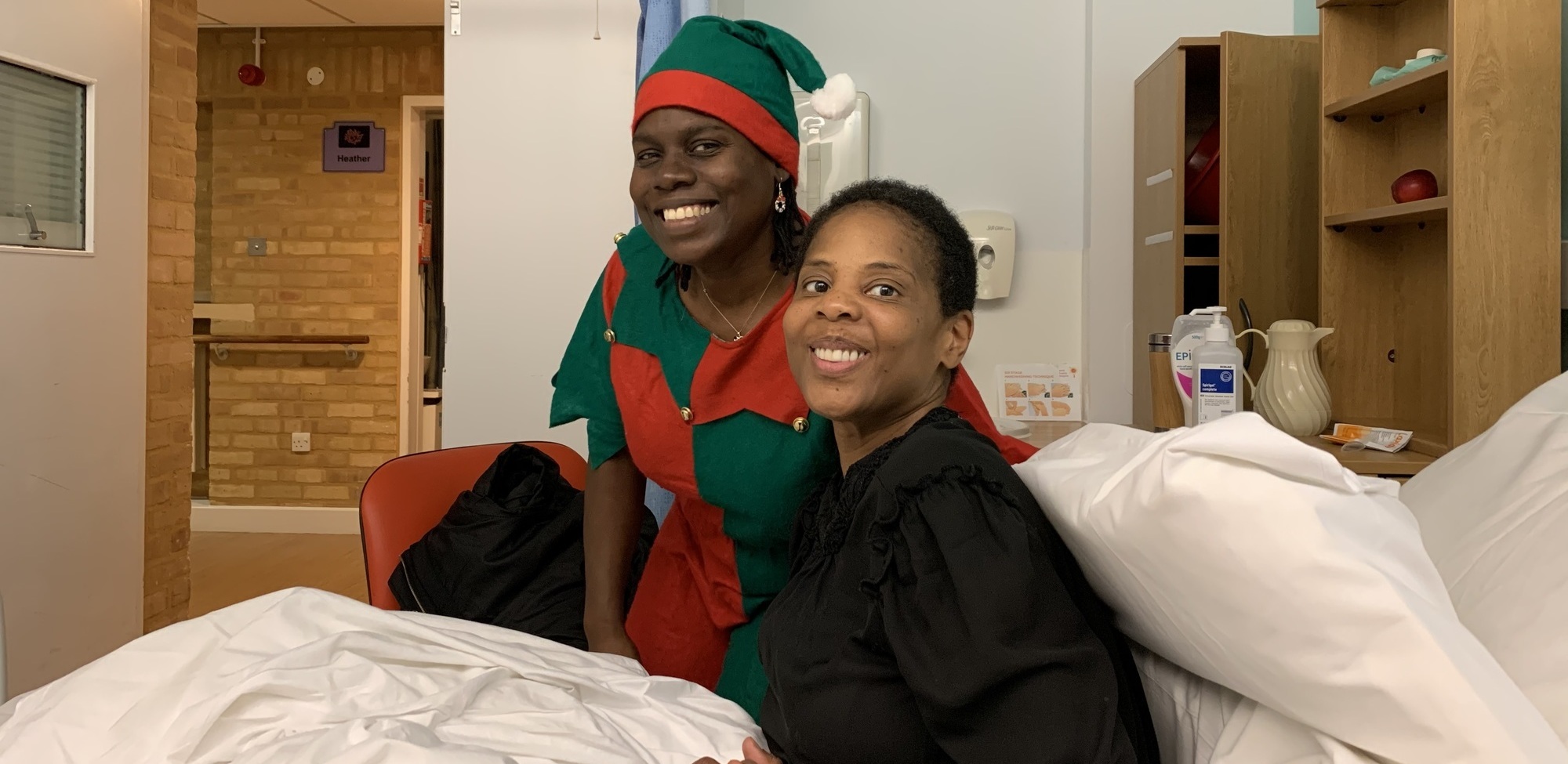 Wendy Lord and her friend Jacquie Charles who dressed as an elf (cropped)