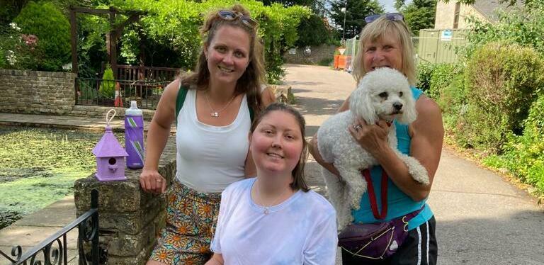 Ria by the Victorian pond at the hospice with Kaz, her mum and dog (cropped) (cropped)